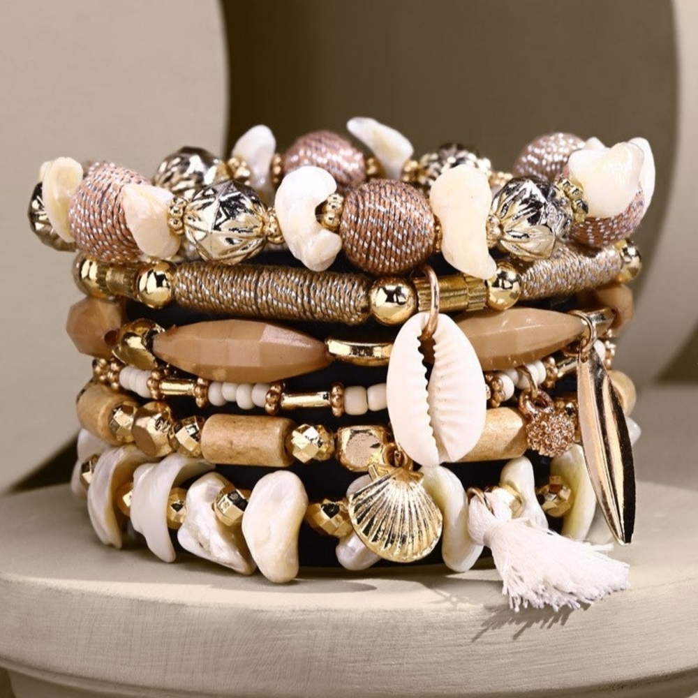 Sandy Beach Themed Boho Chic Multi Layered Stretch Bracelet w Golden Seashell - Picture 3 of 3